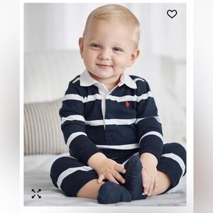 RALPH LAUREN NAVY BLUE WHITE STRIPED INFANT TODDLER COVERALL ROMPER 12 MOS